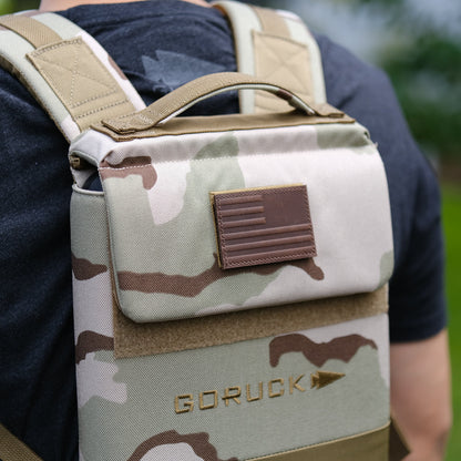 Man wearing GORUCK camo backpack, close-up of stylish outdoor gear for men