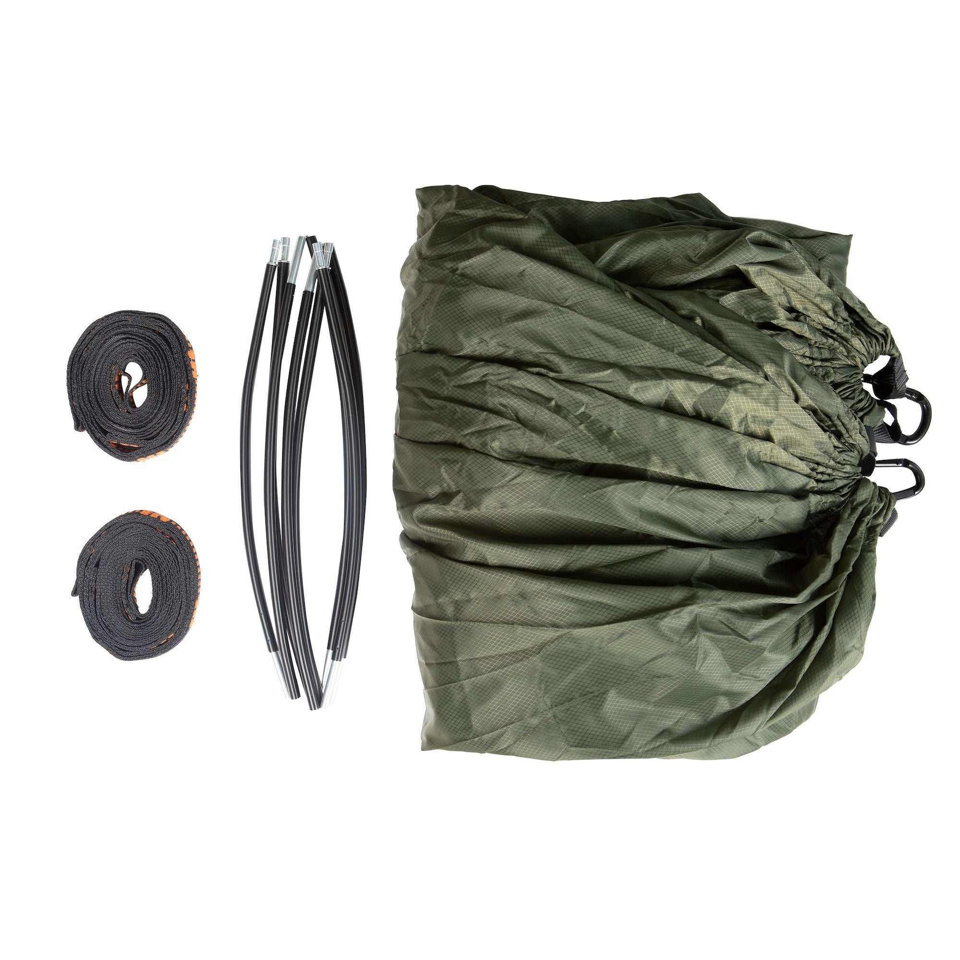 Lightweight hammock with mosquito net, tear-resistant ripstop material, includes transport bag, straps, and tent poles.
