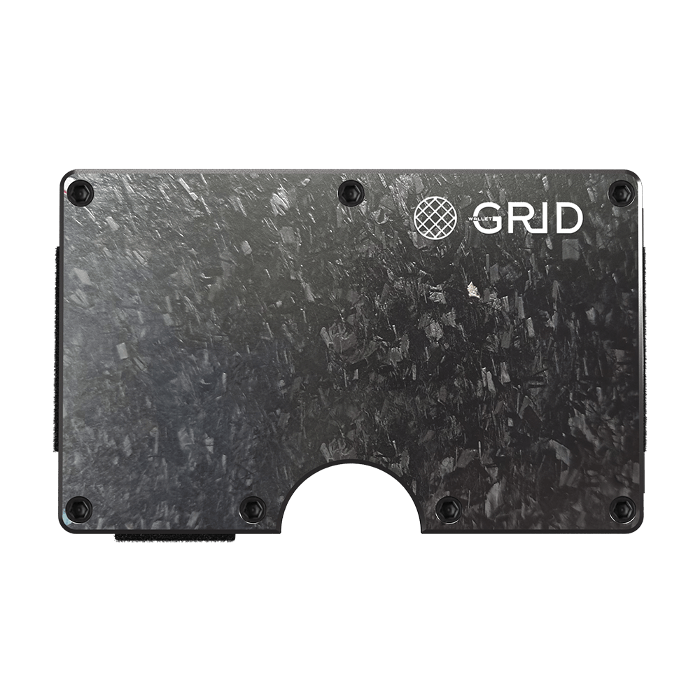 Front view of the forged carbon fiber wallet with RFID blocking capability.