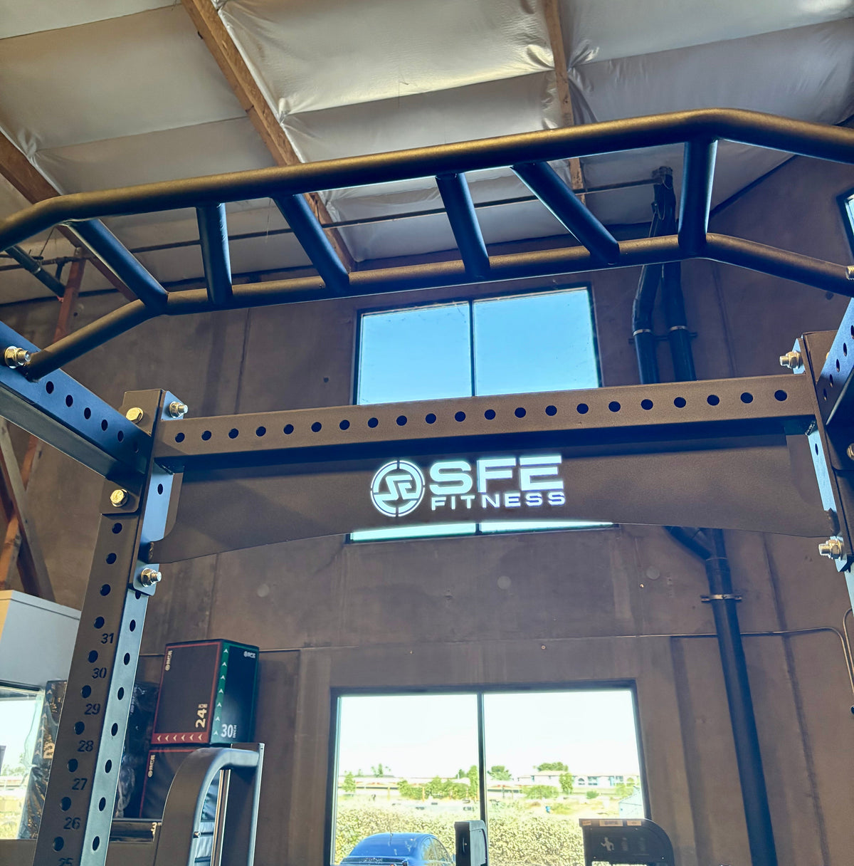 SFE Commercial Squat Rack w/ Safety Bars, J-Hooks & Weight Storage