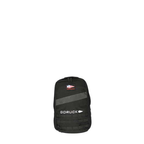 GORUCK black backpack for men with patches, displayed on white background