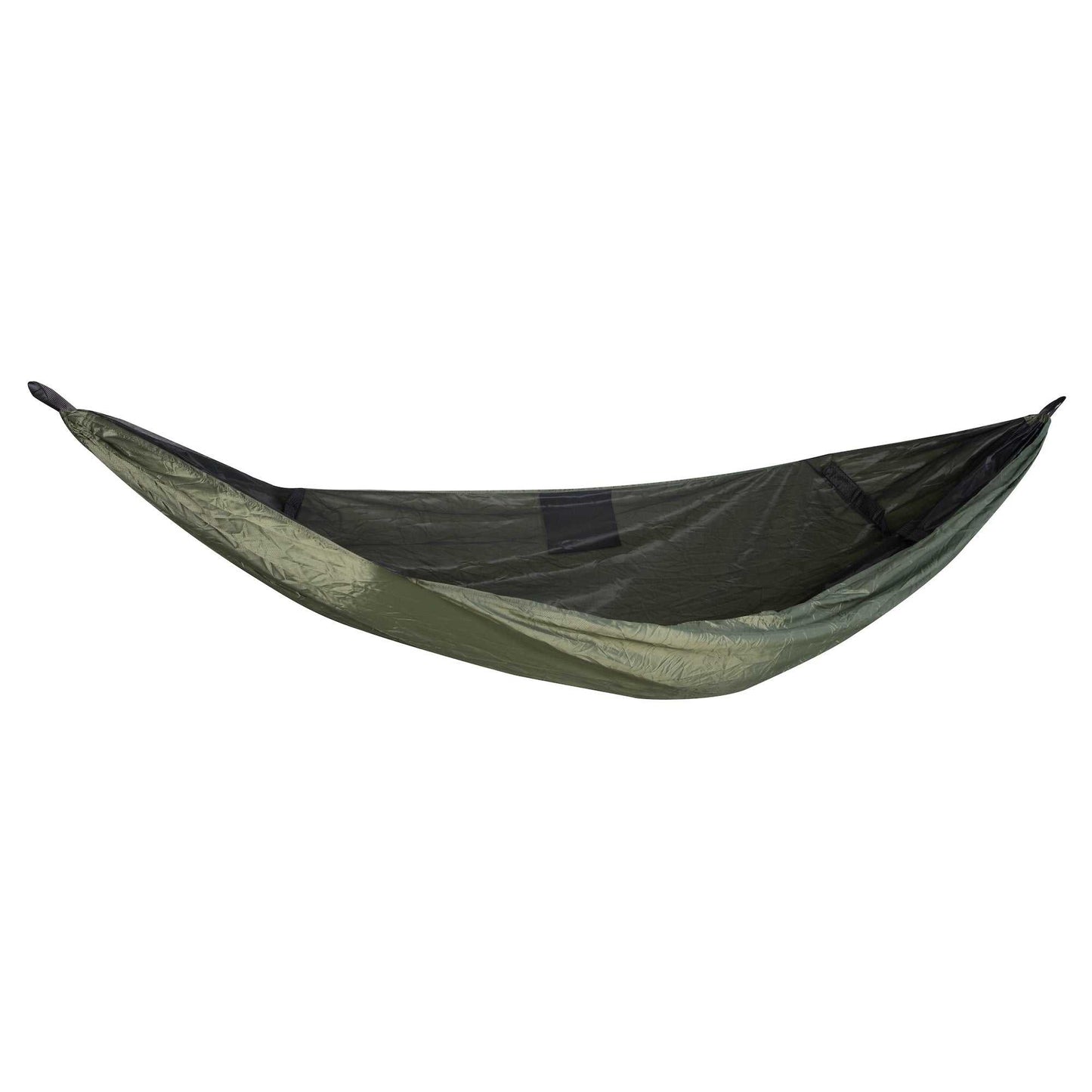 Lightweight hammock with mosquito net in green ripstop material.