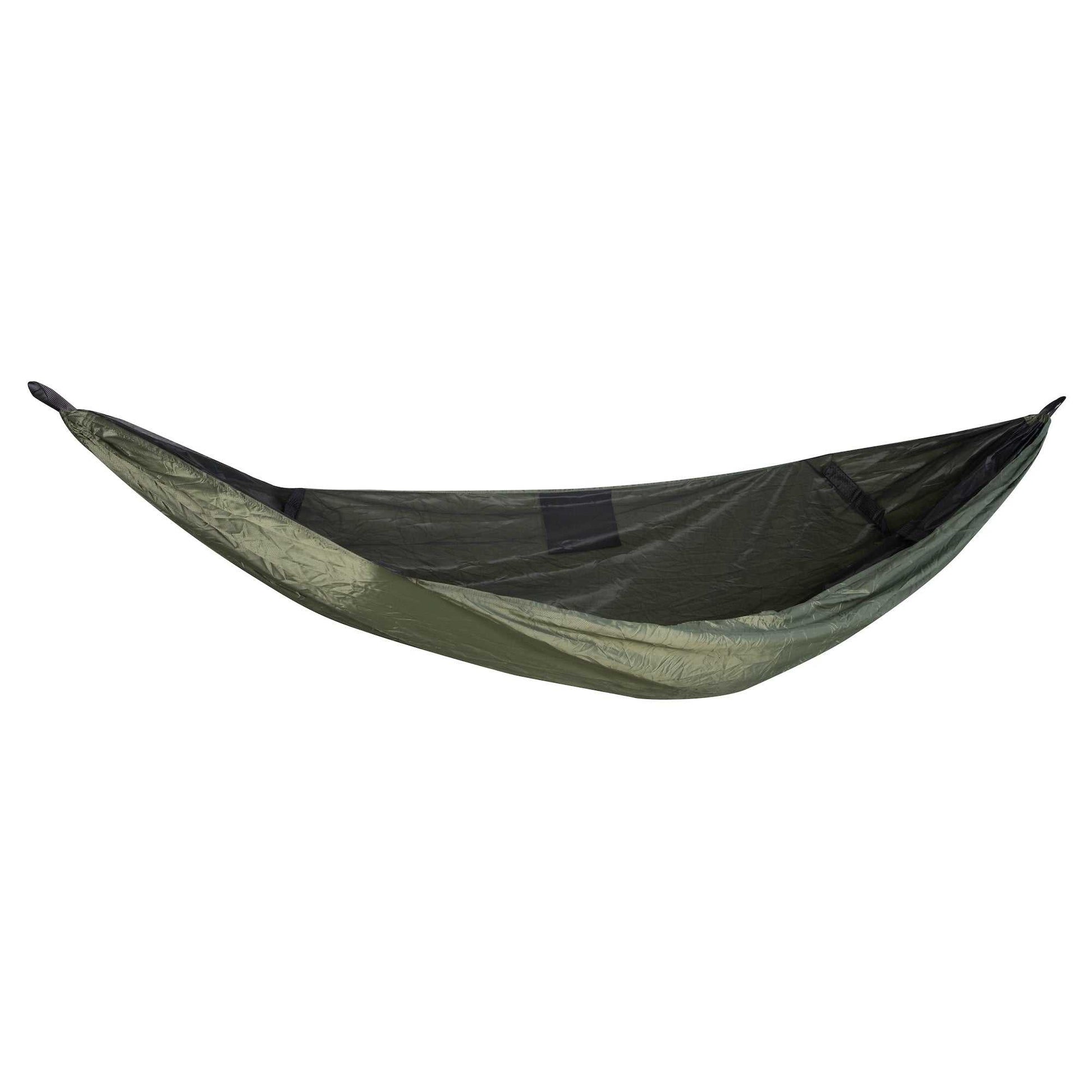 Lightweight hammock with mosquito net in green ripstop material.