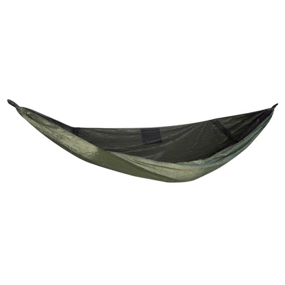 Lightweight hammock with mosquito net in green ripstop material.