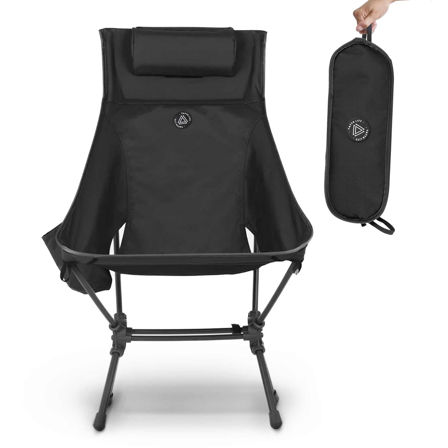 High back ultralight folding camping chair in black with cushion and carry bag for outdoor use