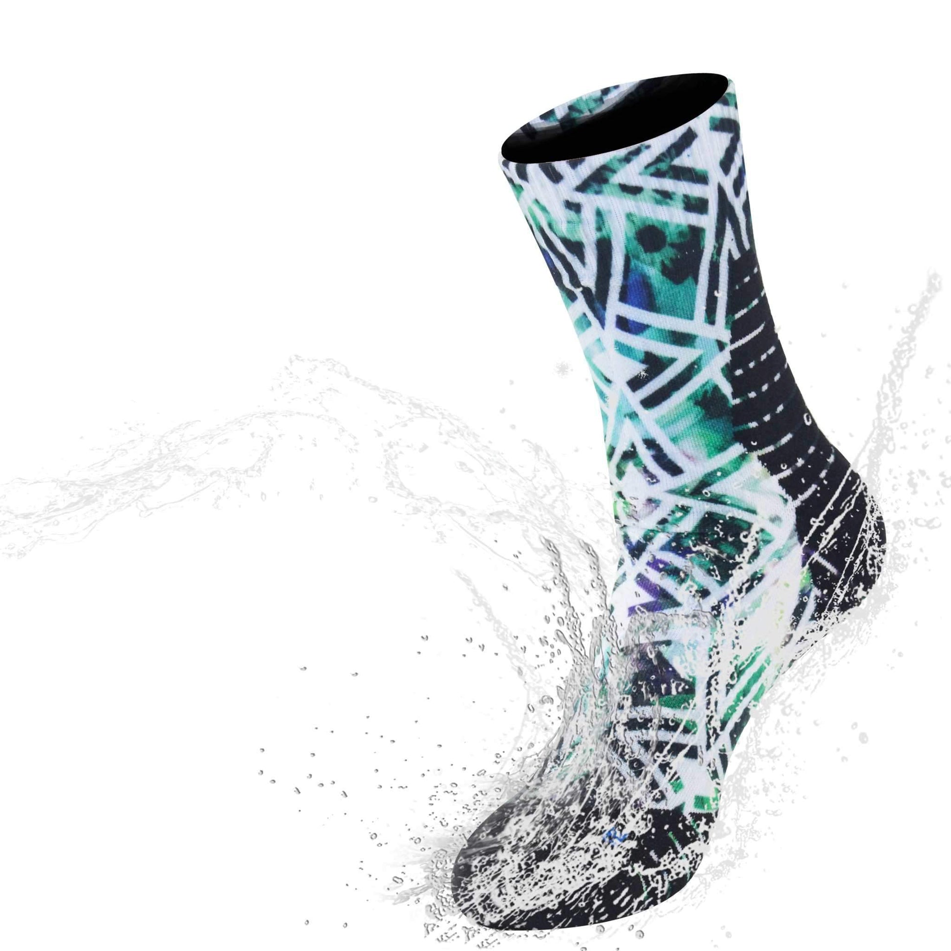 Multicolor Yatta Life Ultimate Unisex Waterproof Socks splashing in water, over ankle length, suitable for outdoor activities.