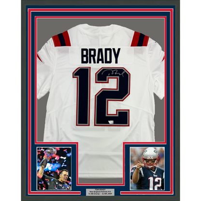 Framed Autographed/Signed Tom Brady 35x39 New England Patriots White Authentic Nike Limited Football Jersey Fanatics COA
