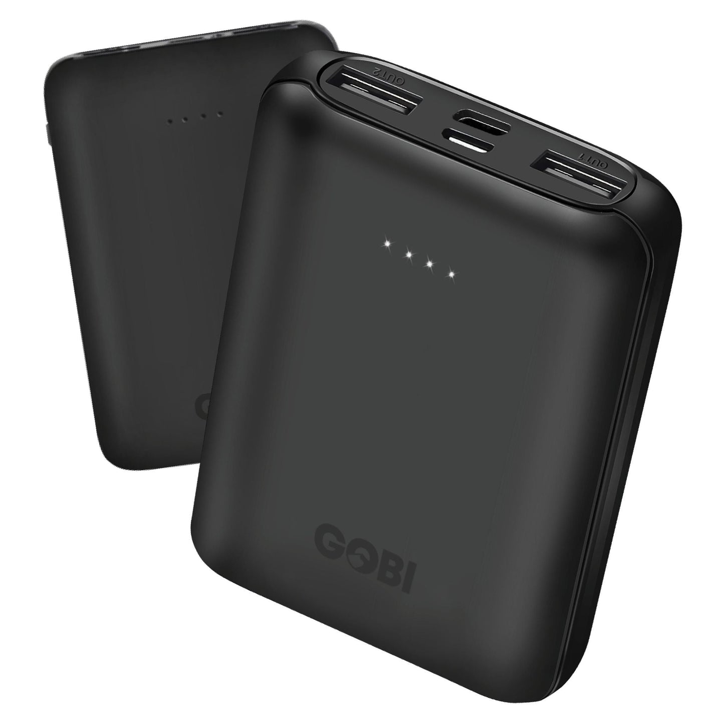 Black power bank with USB ports on a white background, featuring the Gobi brand.