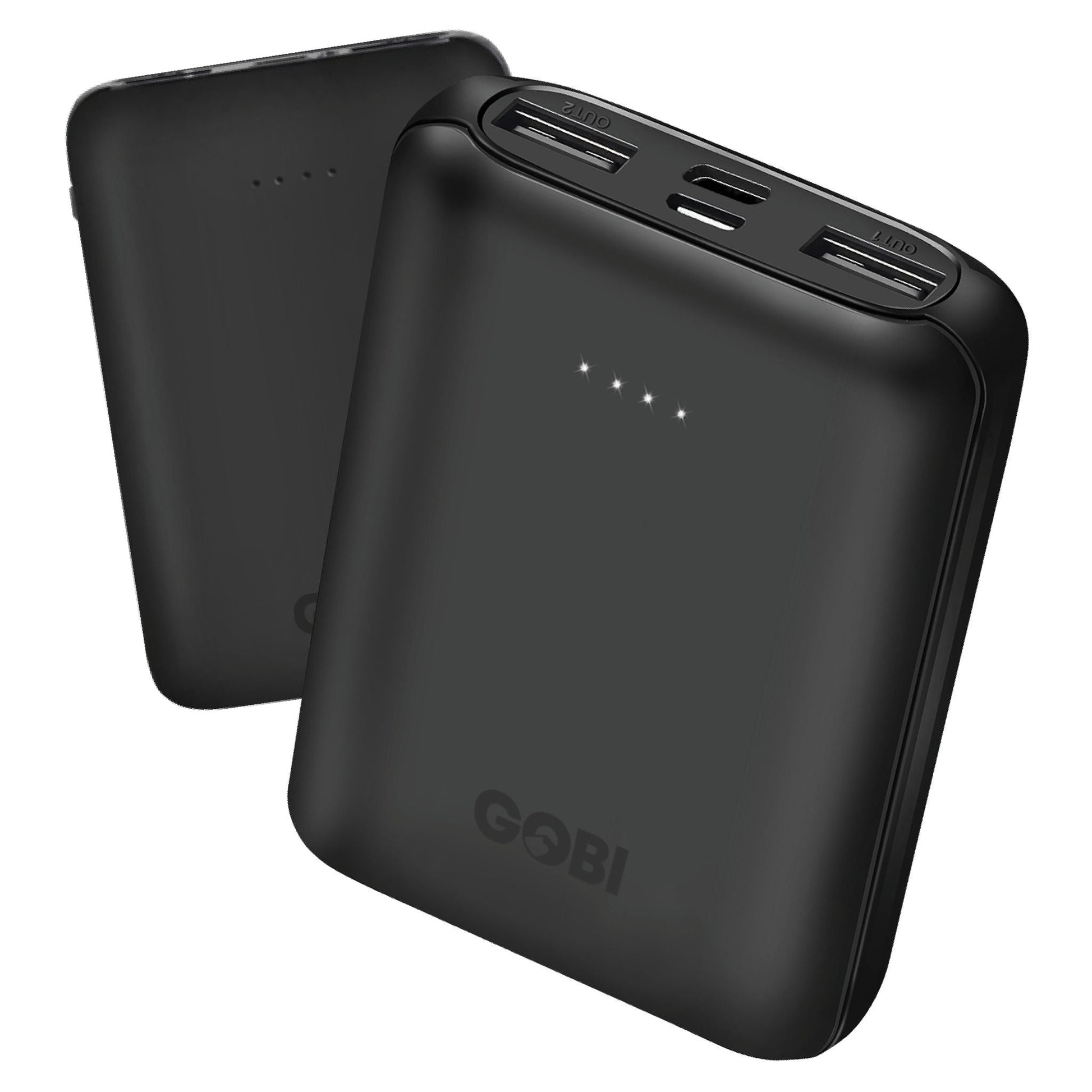 Black power bank with USB ports on a white background, featuring the Gobi brand.