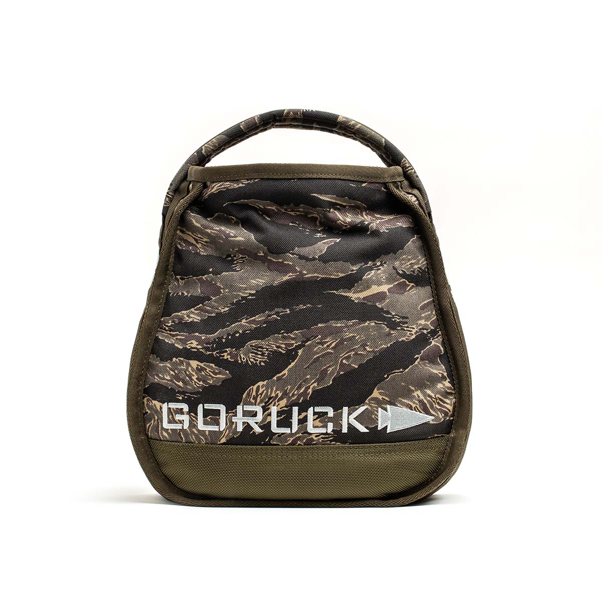 GORUCK 12kg tiger stripe camo kettlebell bag for men, stylish fitness gear on white background