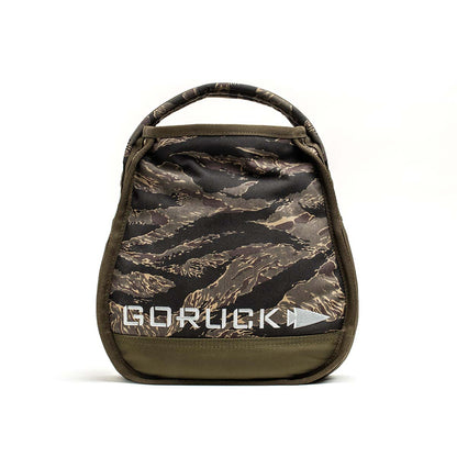 GORUCK 12kg tiger stripe camo kettlebell bag for men, stylish fitness gear on white background