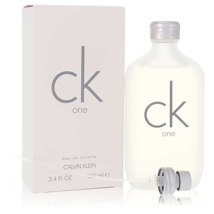Calvin Klein CK One 3.4 oz eau de toilette bottle and box for men on white background