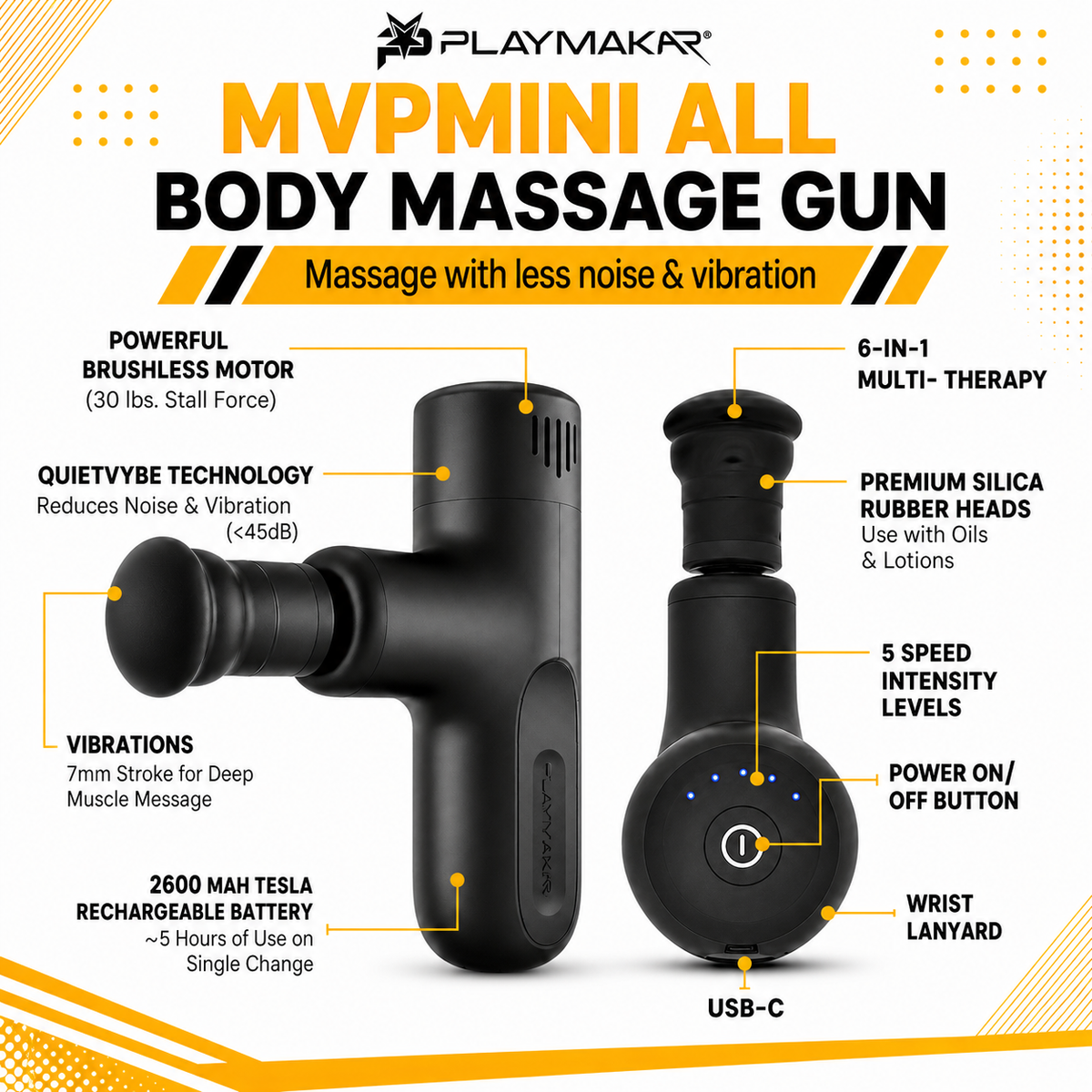 PlayMakar MVPmini Percussion Massage System with Vibration & Premum Silicone Massage Heads with Impact Control that Contour to Your Body