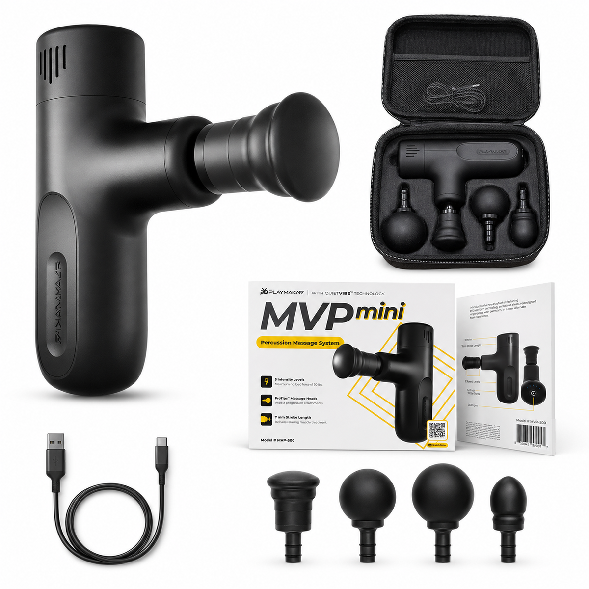 PlayMakar MVPmini Percussion Massage System with Vibration & Premum Silicone Massage Heads with Impact Control that Contour to Your Body