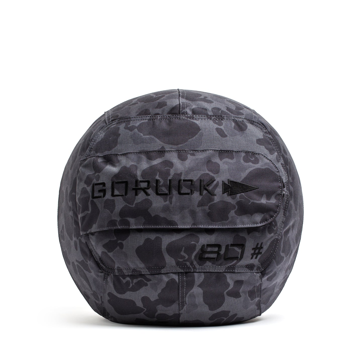 GORUCK black frogskin camo 80 lb medicine ball on white background, fitness gear for men