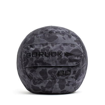 GORUCK black frogskin camo 80 lb medicine ball on white background, fitness gear for men