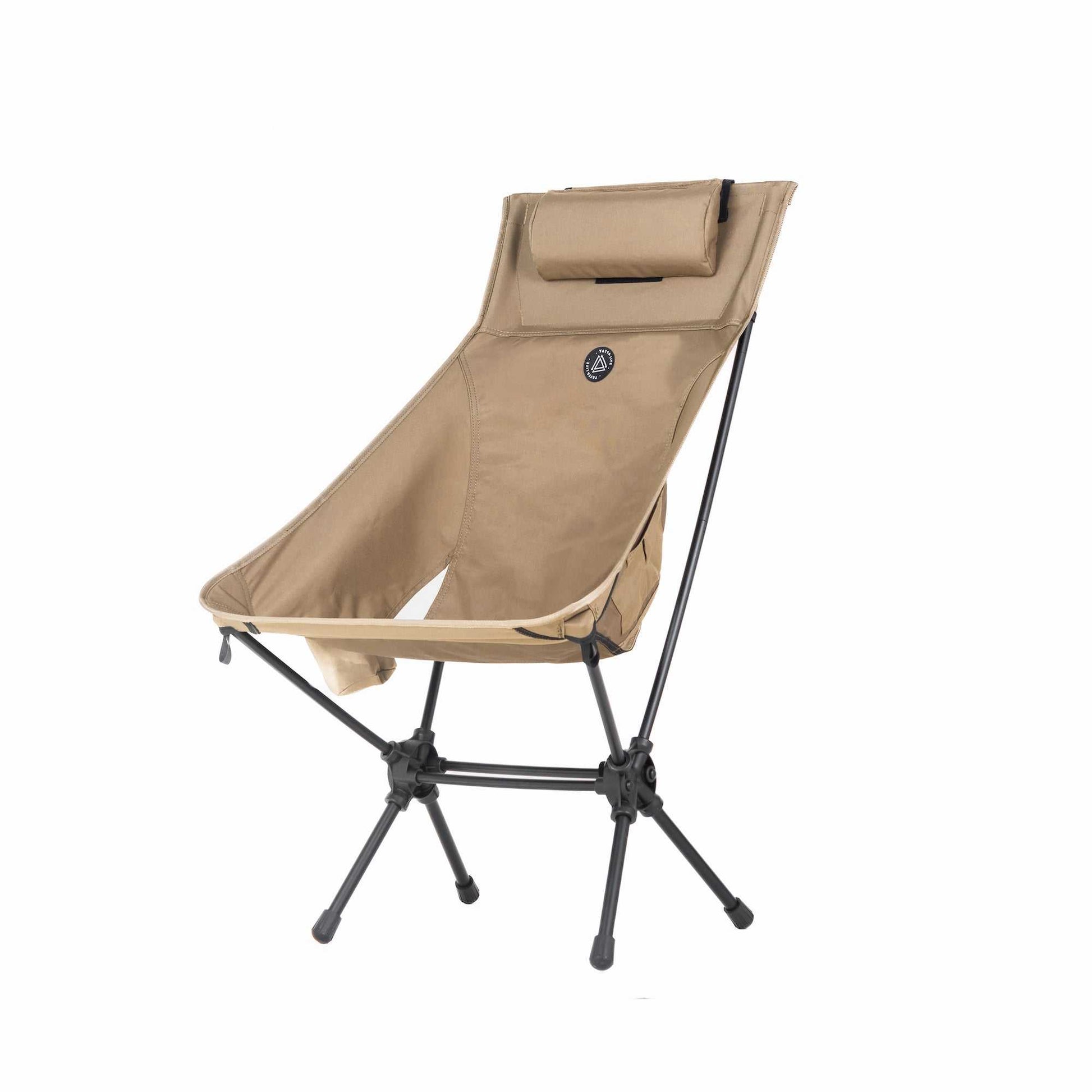 High back ultralight folding camping chair with storage pouch and cushion in khaki color.
