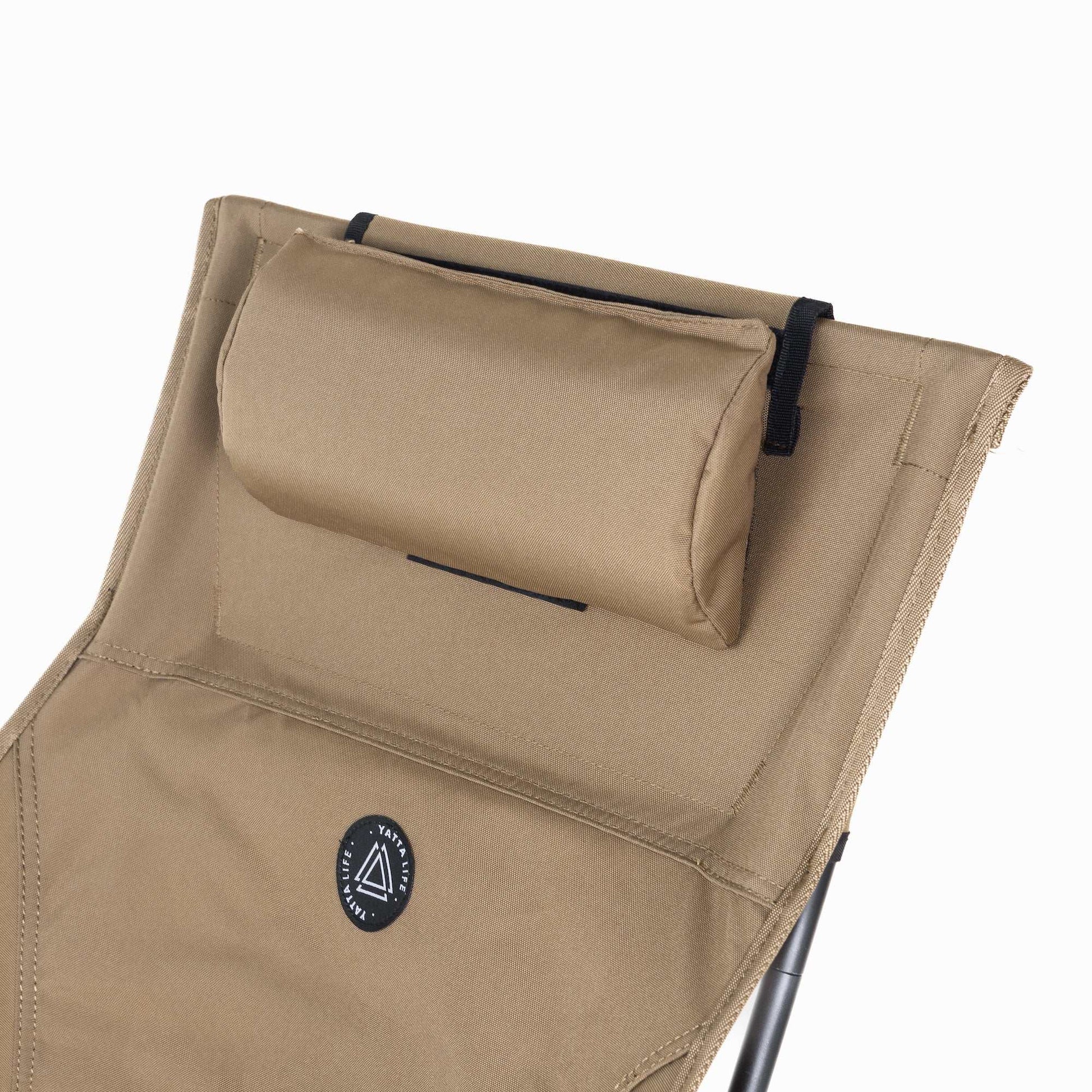 High Back Ultralight Folding Camping Chair with Storage Pouch and Cushion in Khaki.