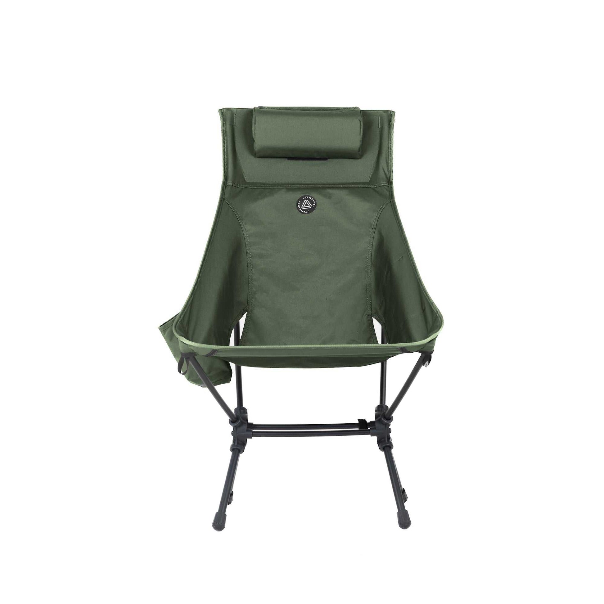 High back ultralight folding camping chair in army green with storage pouches and cushion.