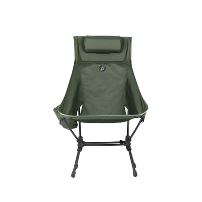 High back ultralight folding camping chair in army green with storage pouches and cushion.