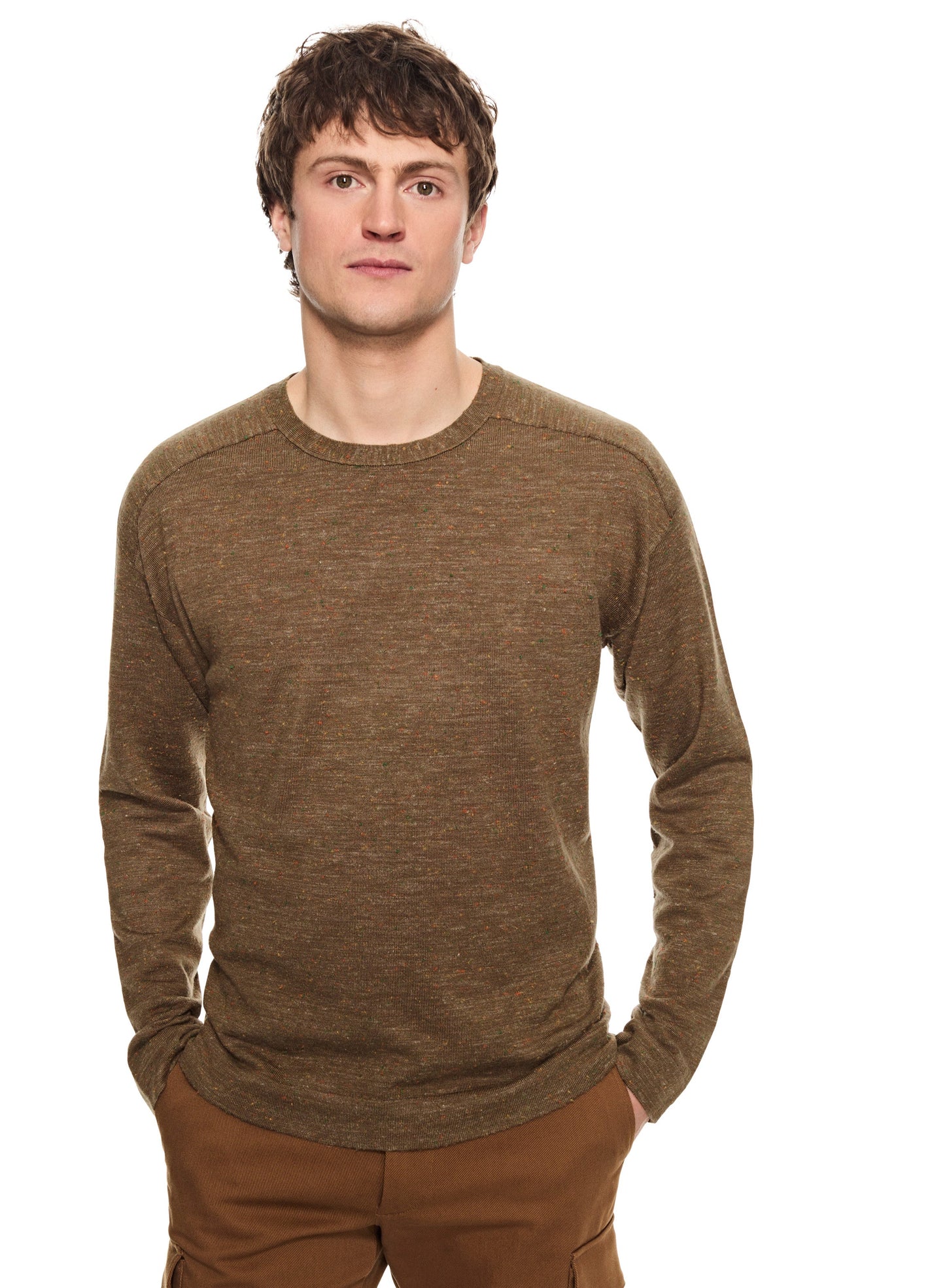 OTD Modern Fleck Linen-Blend Crewneck Sweater (Khaki Multi) - Mann