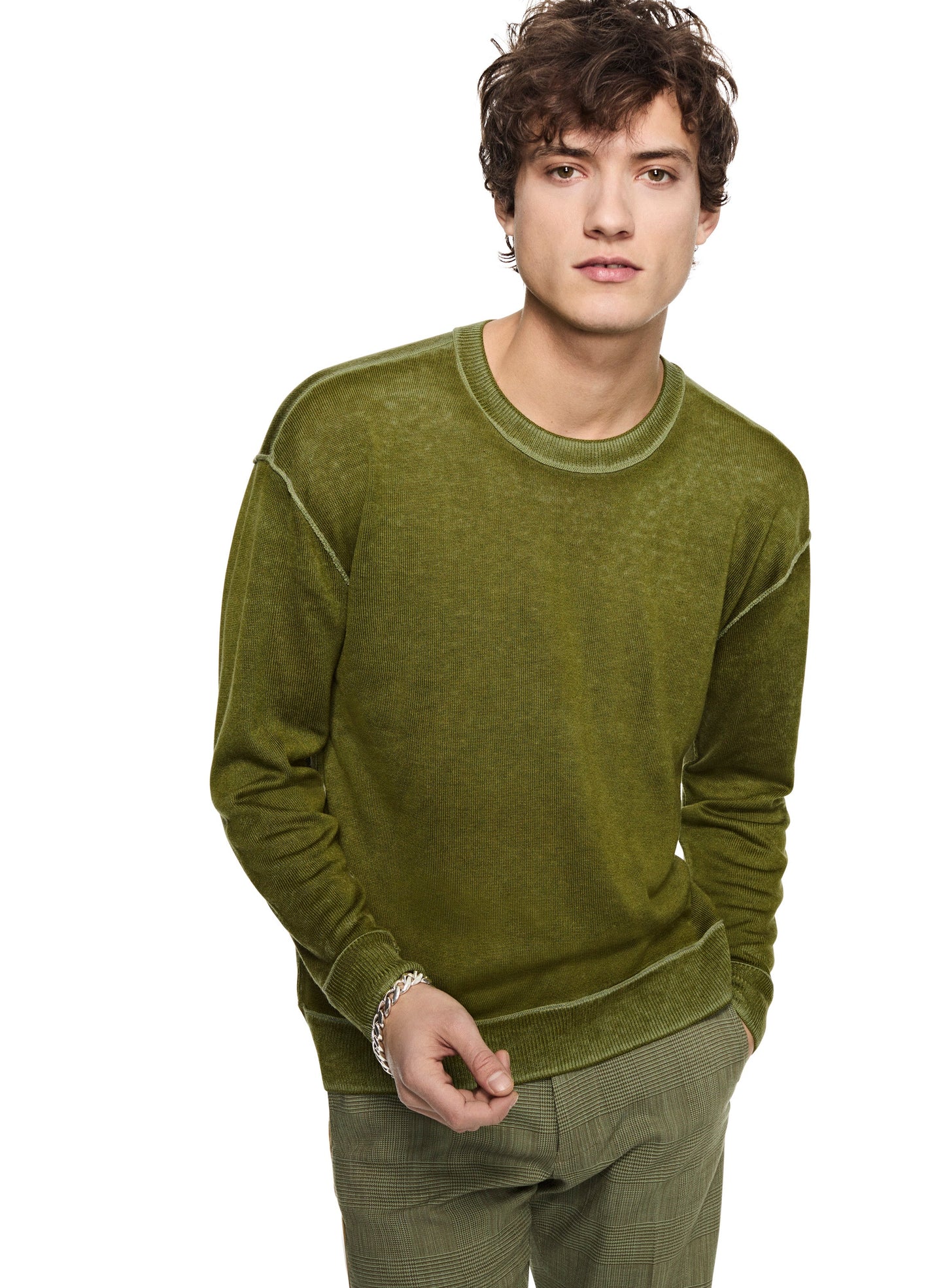 OTD Silk and Cashmere Reverse Print Crewneck Sweater (Chartreuse) - Mann
