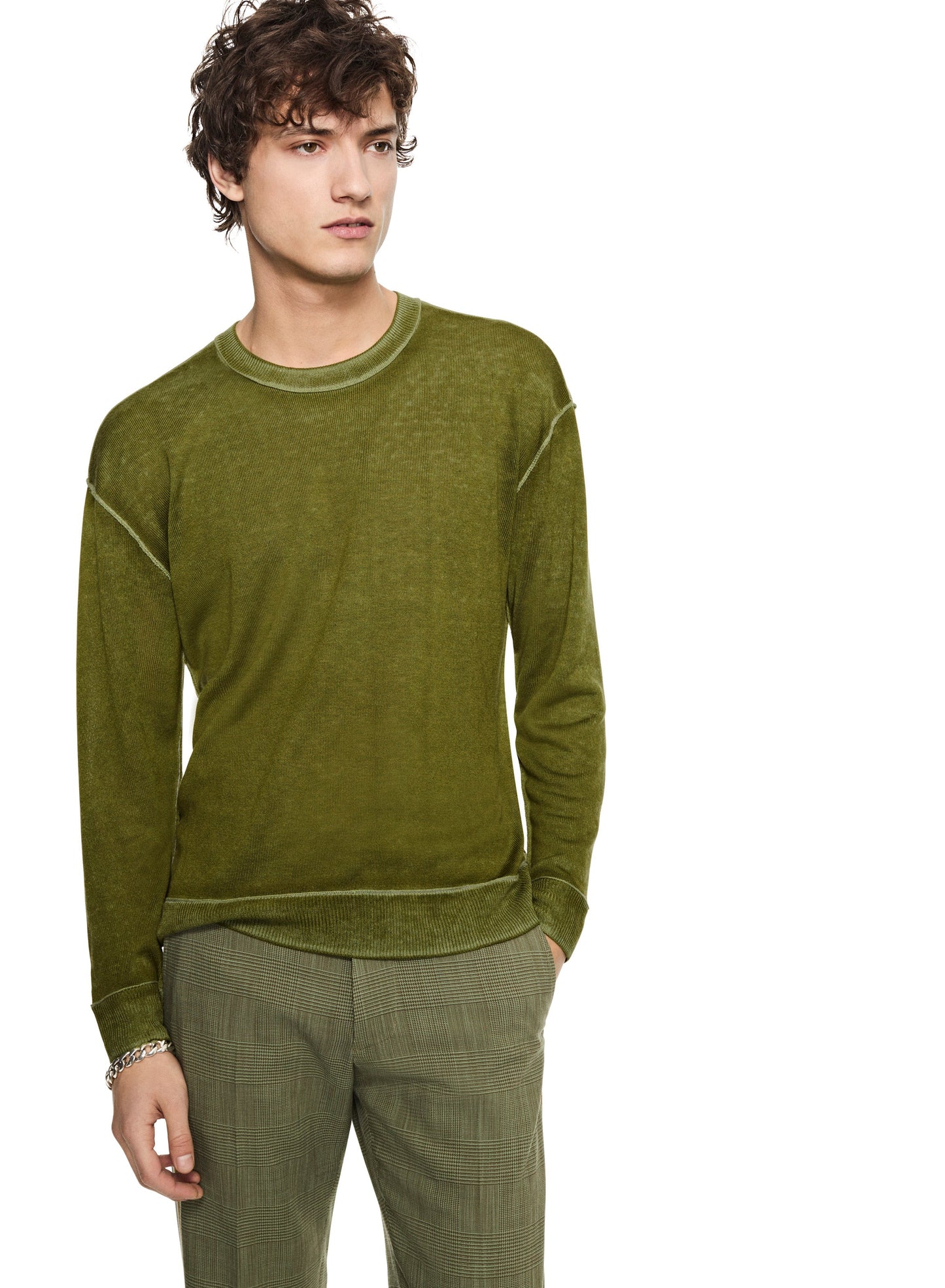 OTD Silk and Cashmere Reverse Print Crewneck Sweater (Chartreuse) - Mann