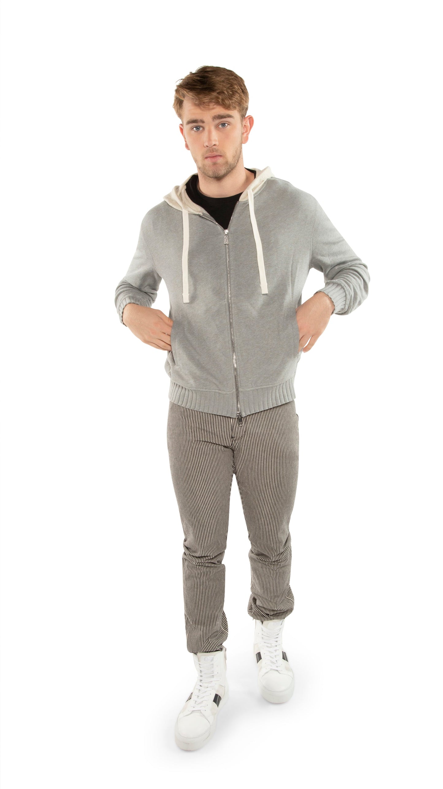 OTD Long Sleeve Zip Front Knit Sweatshirt With Color-Block Hood and Tape Detail - Mann