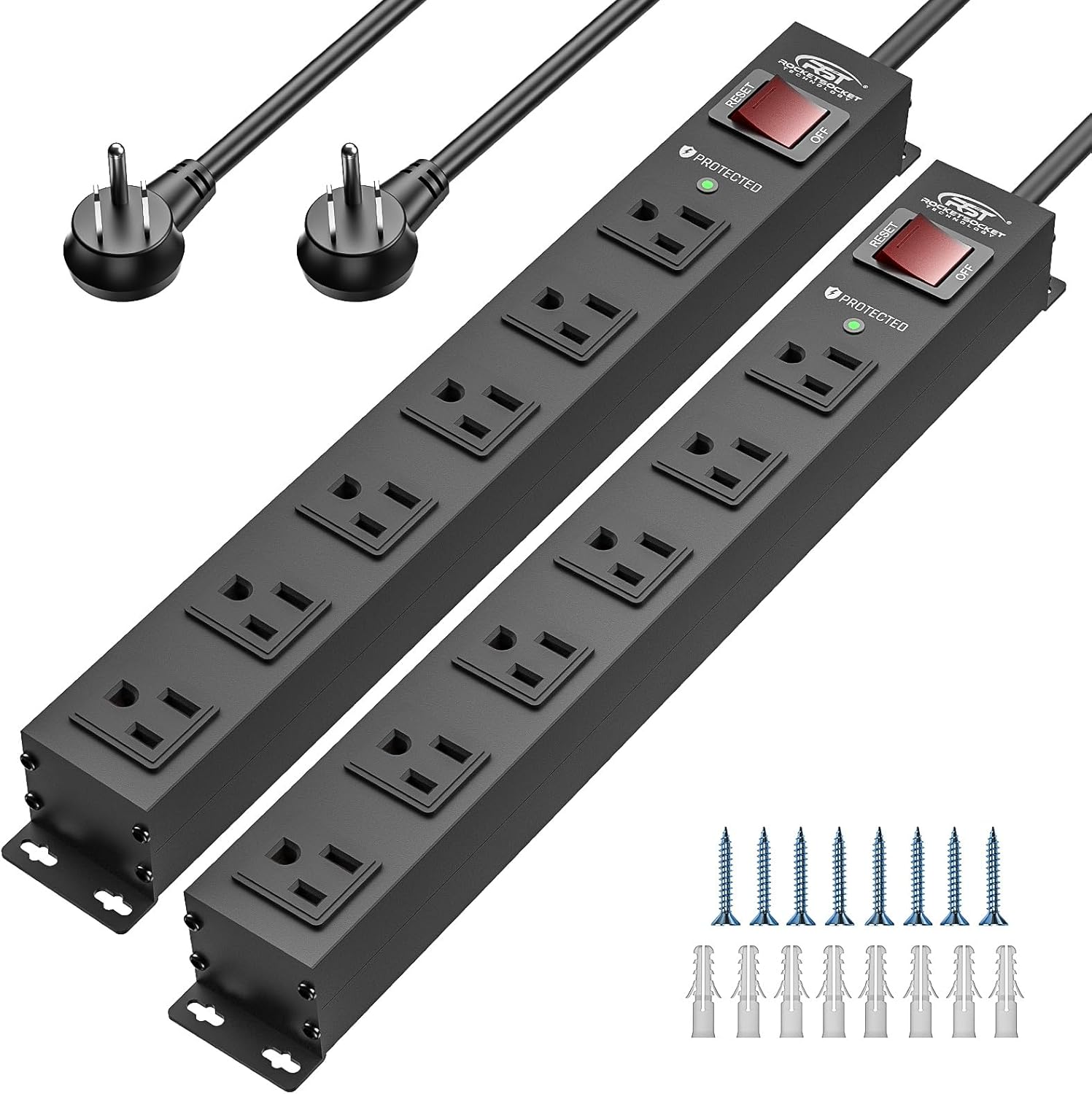 CRST 2PK Wider Spaced 6 Outlet Metal Surge Protector Power Strip 2100J 15A 1875W Heavy Duty Mountable Power Bar 6FT Flat Plug Extension Cord - Mann