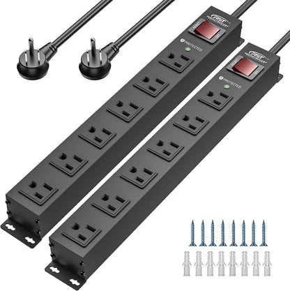 CRST 2PK Wider Spaced 6 Outlet Metal Surge Protector Power Strip 2100J 15A 1875W Heavy Duty Mountable Power Bar 6FT Flat Plug Extension Cord - Mann