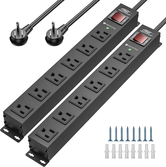 CRST 2PK Wider Spaced 6 Outlet Metal Surge Protector Power Strip 2100J 15A 1875W Heavy Duty Mountable Power Bar 6FT Flat Plug Extension Cord - Mann