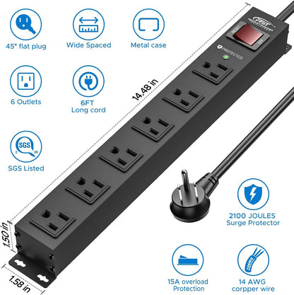 CRST 2PK Wider Spaced 6 Outlet Metal Surge Protector Power Strip 2100J 15A 1875W Heavy Duty Mountable Power Bar 6FT Flat Plug Extension Cord - Mann