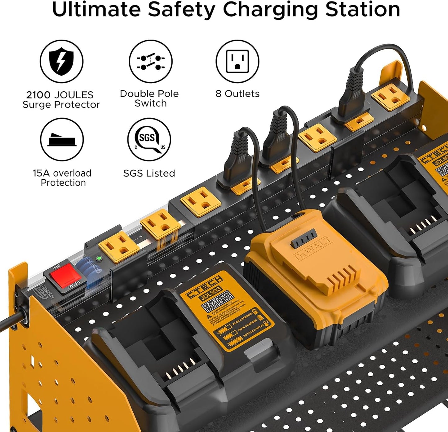 CRST Power Tools Organizer Wall Mount, Cordless Drill Holder with 8-Outlet Power Strip, Modular Garage Organization Storage Rack 36 Months Warranty - Mann