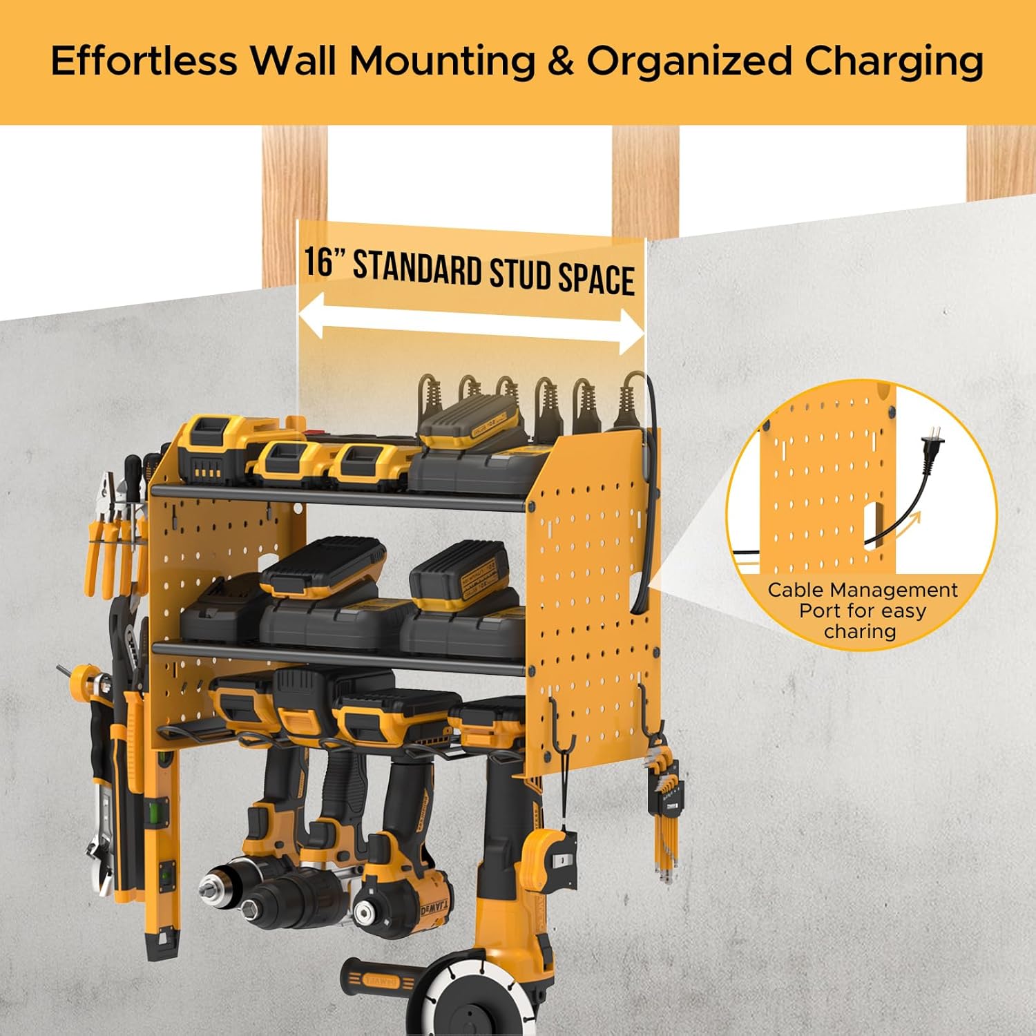CRST Power Tools Organizer Wall Mount, Cordless Drill Holder with 8-Outlet Power Strip, Modular Garage Organization Storage Rack 36 Months Warranty - Mann