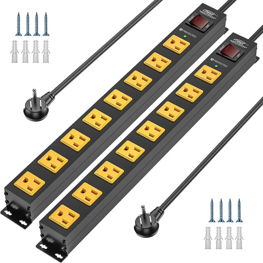 CRST 2 Pack 8 Outlet Metal Heavy Duty Power Strip 2100J Surge Protector 15A 1875W Mountable Wide Spaced Power Bar 6FT Flat Plug Extension Cord - Mann
