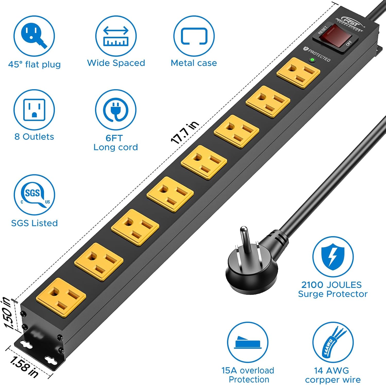 CRST 2 Pack 8 Outlet Metal Heavy Duty Power Strip 2100J Surge Protector 15A 1875W Mountable Wide Spaced Power Bar 6FT Flat Plug Extension Cord - Mann