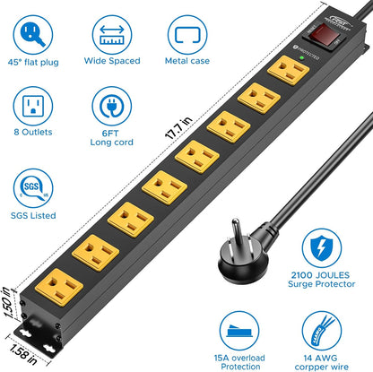 CRST 2 Pack 8 Outlet Metal Heavy Duty Power Strip 2100J Surge Protector 15A 1875W Mountable Wide Spaced Power Bar 6FT Flat Plug Extension Cord - Mann