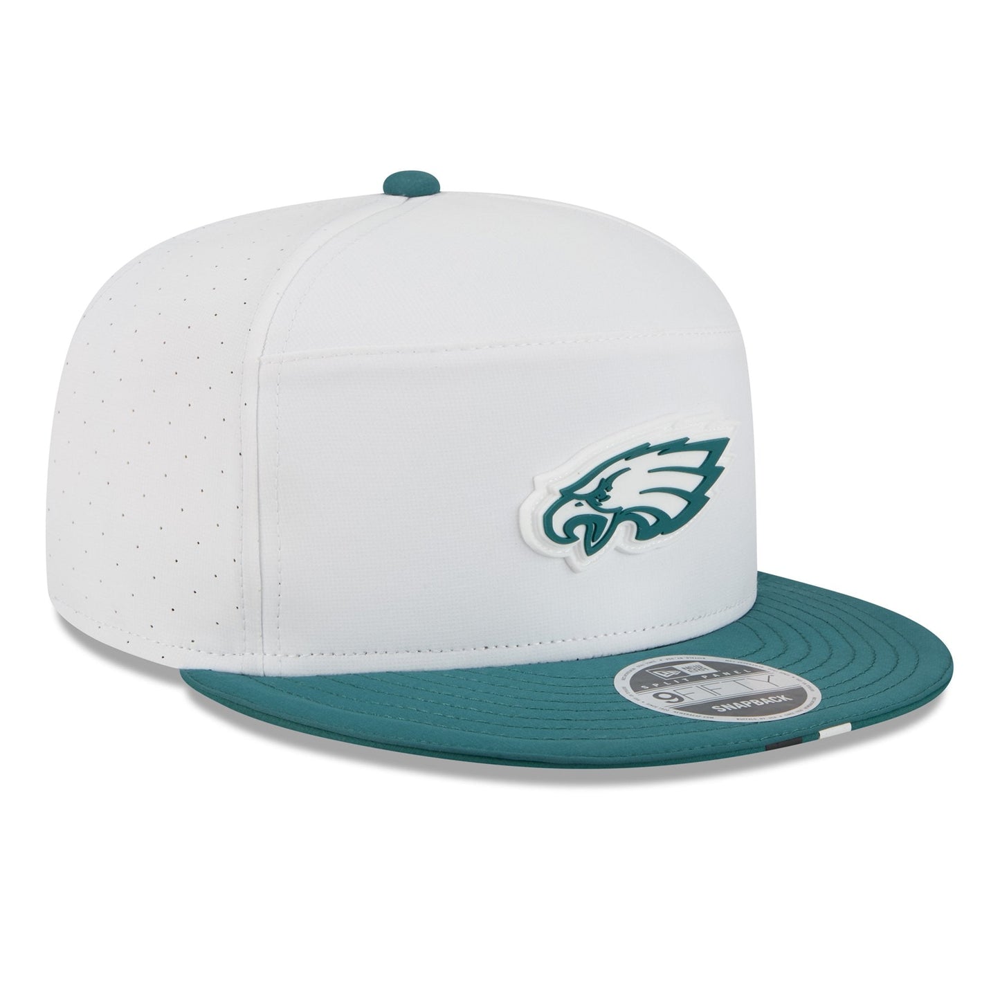 White and teal baseball cap with a logo on a white background