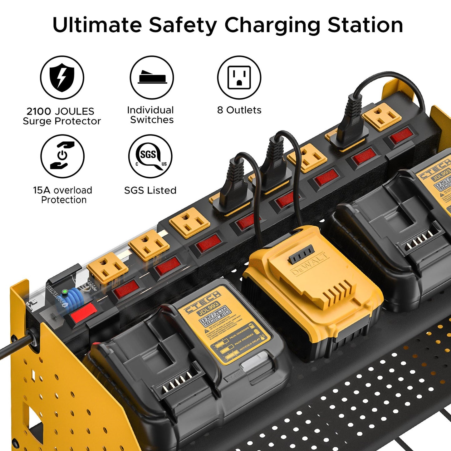 CRST 3 Layers Power Tools Organizer Wall Mount with Charging Station, Garage Tool Storage Rack Shelf with 8-Outlet Individual Switches Power Strip - Mann
