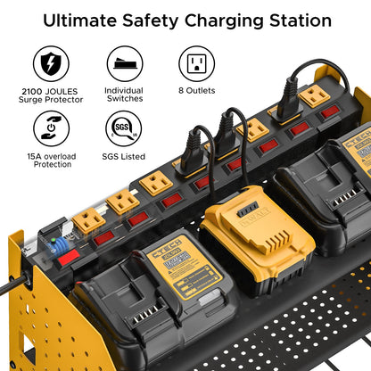 CRST 3 Layers Power Tools Organizer Wall Mount with Charging Station, Garage Tool Storage Rack Shelf with 8-Outlet Individual Switches Power Strip - Mann