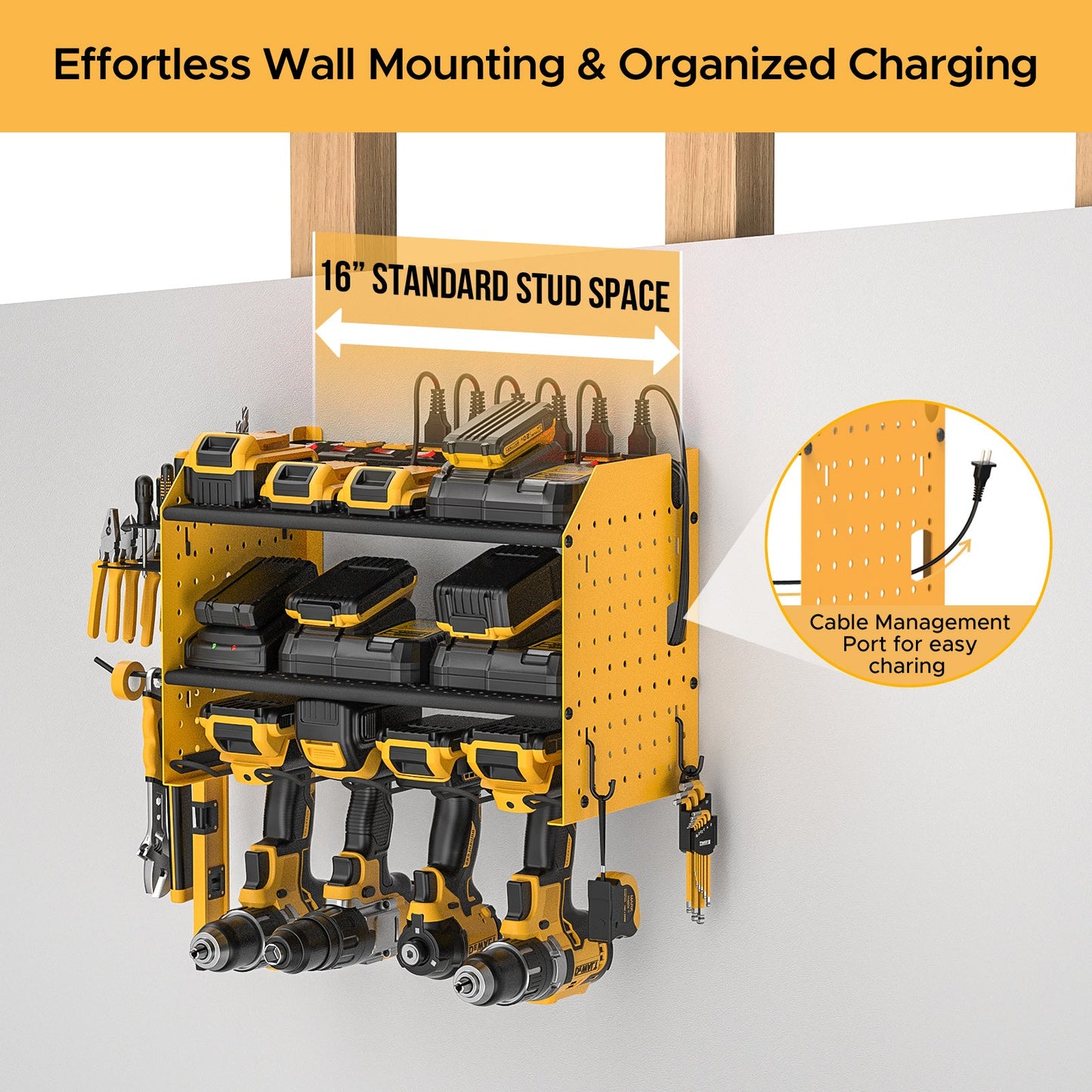 CRST 3 Layers Power Tools Organizer Wall Mount with Charging Station, Garage Tool Storage Rack Shelf with 8-Outlet Individual Switches Power Strip - Mann