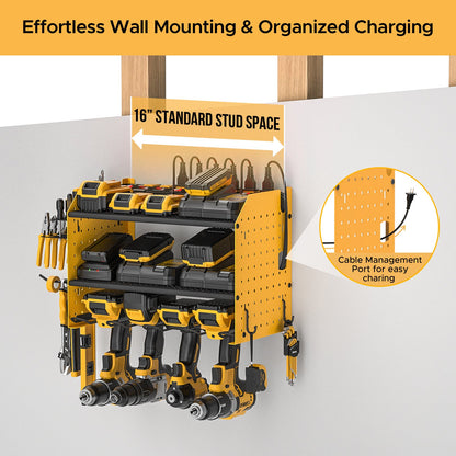 CRST 3 Layers Power Tools Organizer Wall Mount with Charging Station, Garage Tool Storage Rack Shelf with 8-Outlet Individual Switches Power Strip - Mann