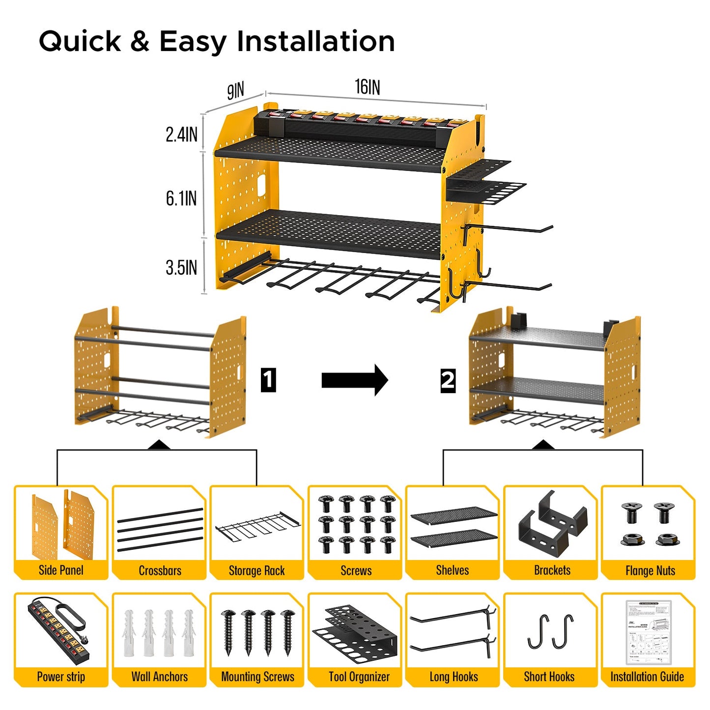 CRST 3 Layers Power Tools Organizer Wall Mount with Charging Station, Garage Tool Storage Rack Shelf with 8-Outlet Individual Switches Power Strip - Mann