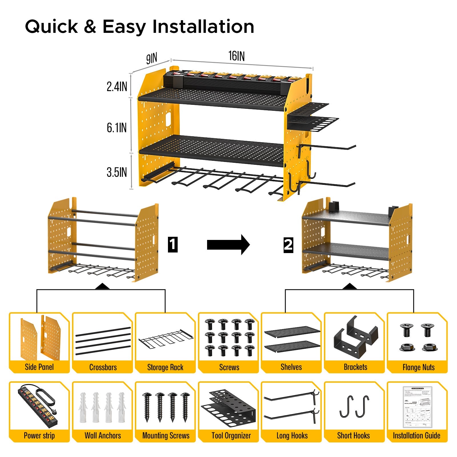 CRST 3 Layers Power Tools Organizer Wall Mount with Charging Station, Garage Tool Storage Rack Shelf with 8-Outlet Individual Switches Power Strip - Mann