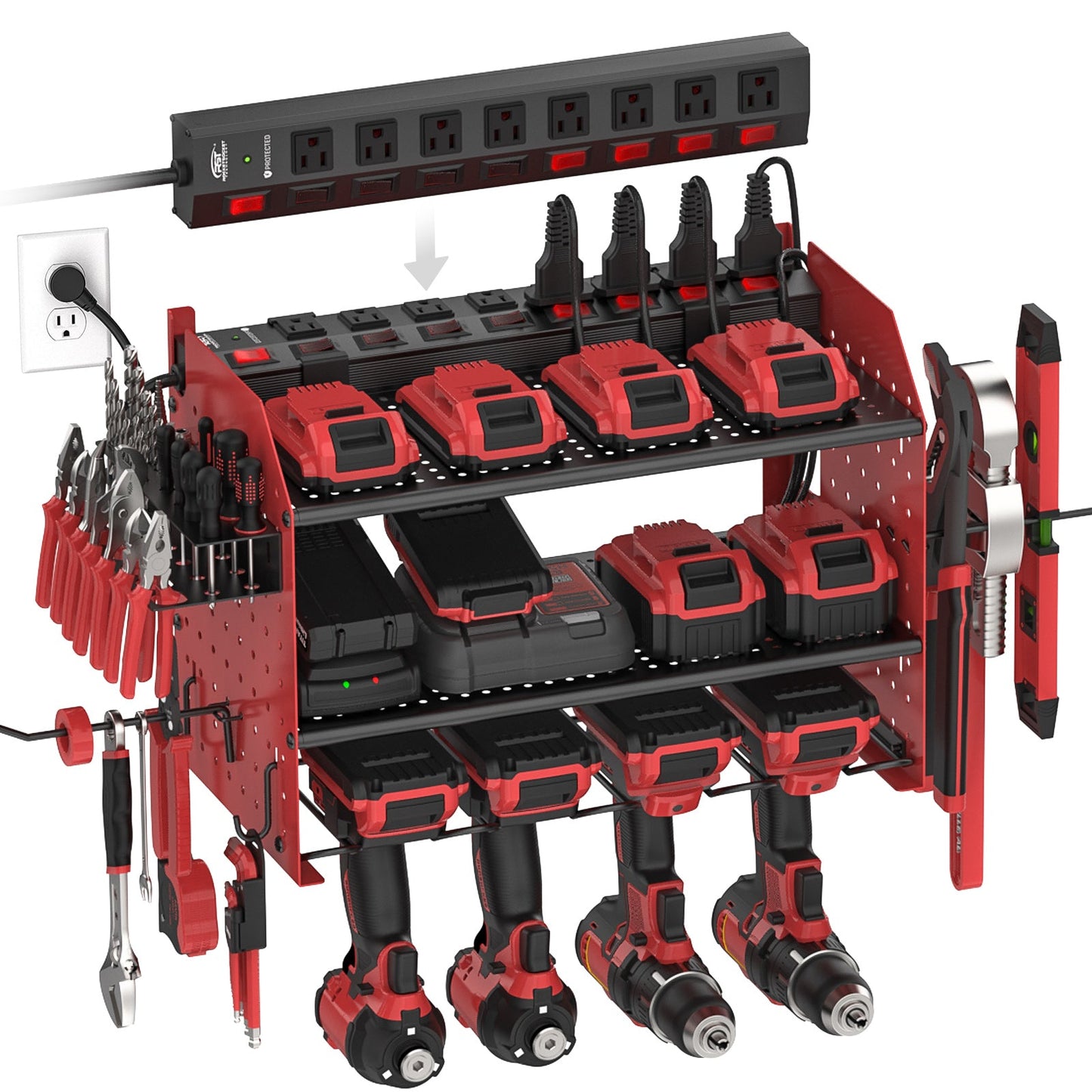 CRST 3 Layers Power Tools Organizer Wall Mount with Charging Station, Garage Tool Storage Rack Shelf with 8-Outlet Individual Switches Power Strip - Mann
