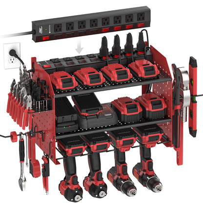 CRST 3 Layers Power Tools Organizer Wall Mount with Charging Station, Garage Tool Storage Rack Shelf with 8-Outlet Individual Switches Power Strip - Mann