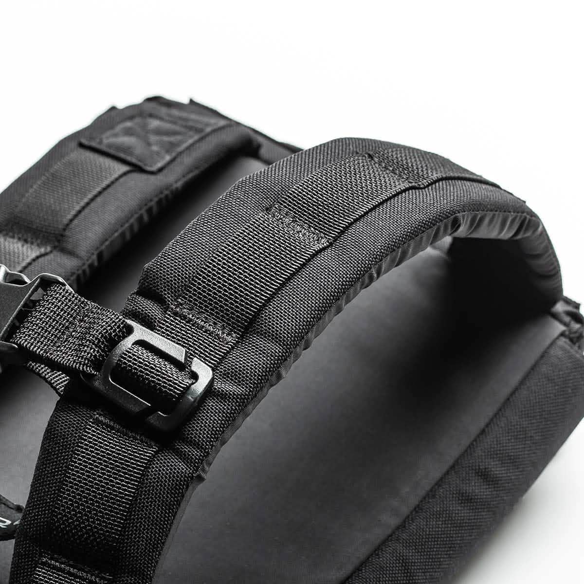 Close-up of padded black backpack straps with durable stitching, sleek men's accessory