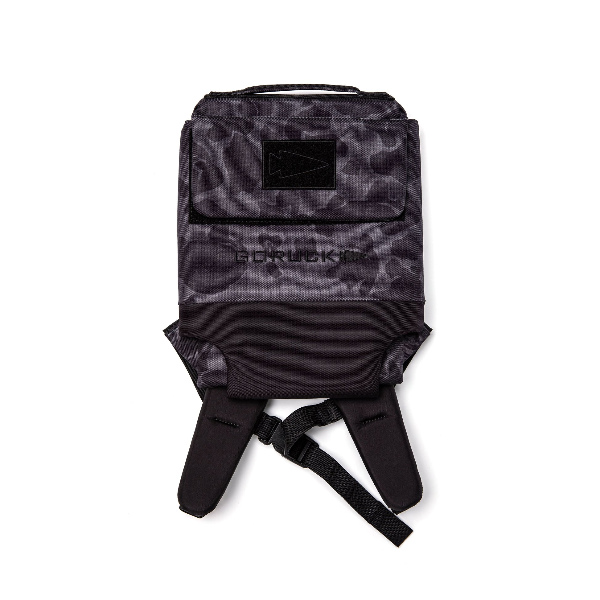 Black camo GORUCK backpack with patch, minimalist men's rucksack on white background
