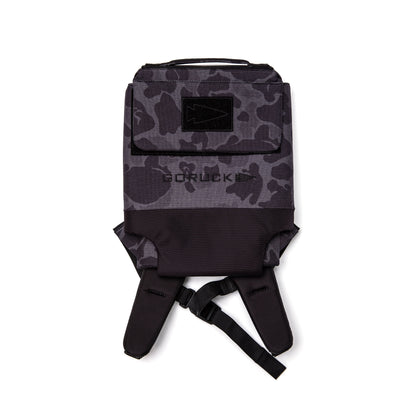 Black camo GORUCK backpack with patch, minimalist men's rucksack on white background