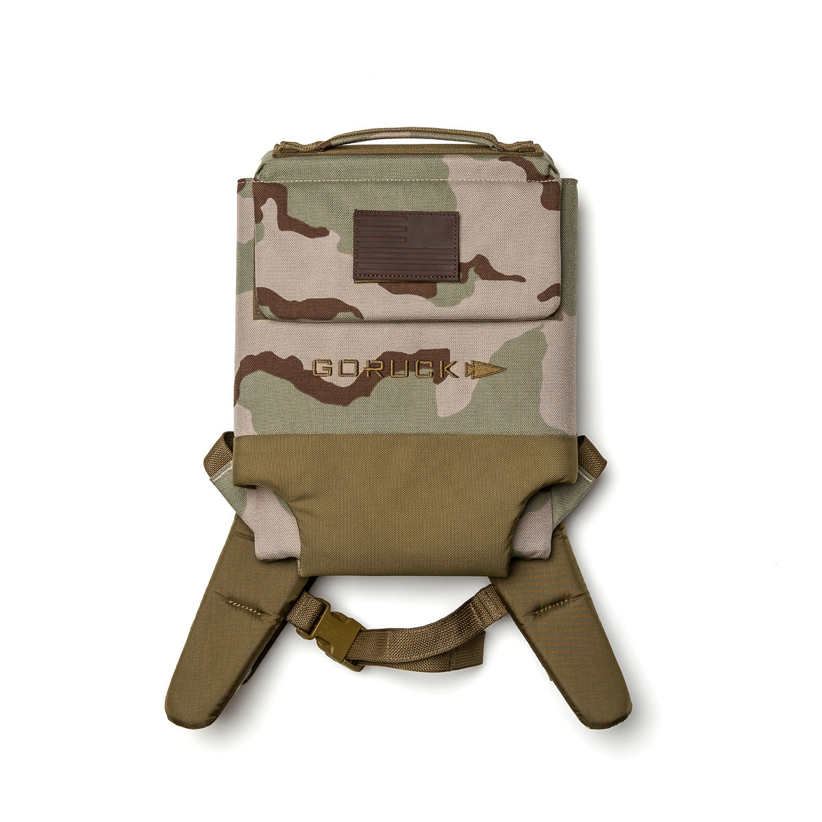 GORUCK backpack with tan accents and camouflage design, men’s tactical gear